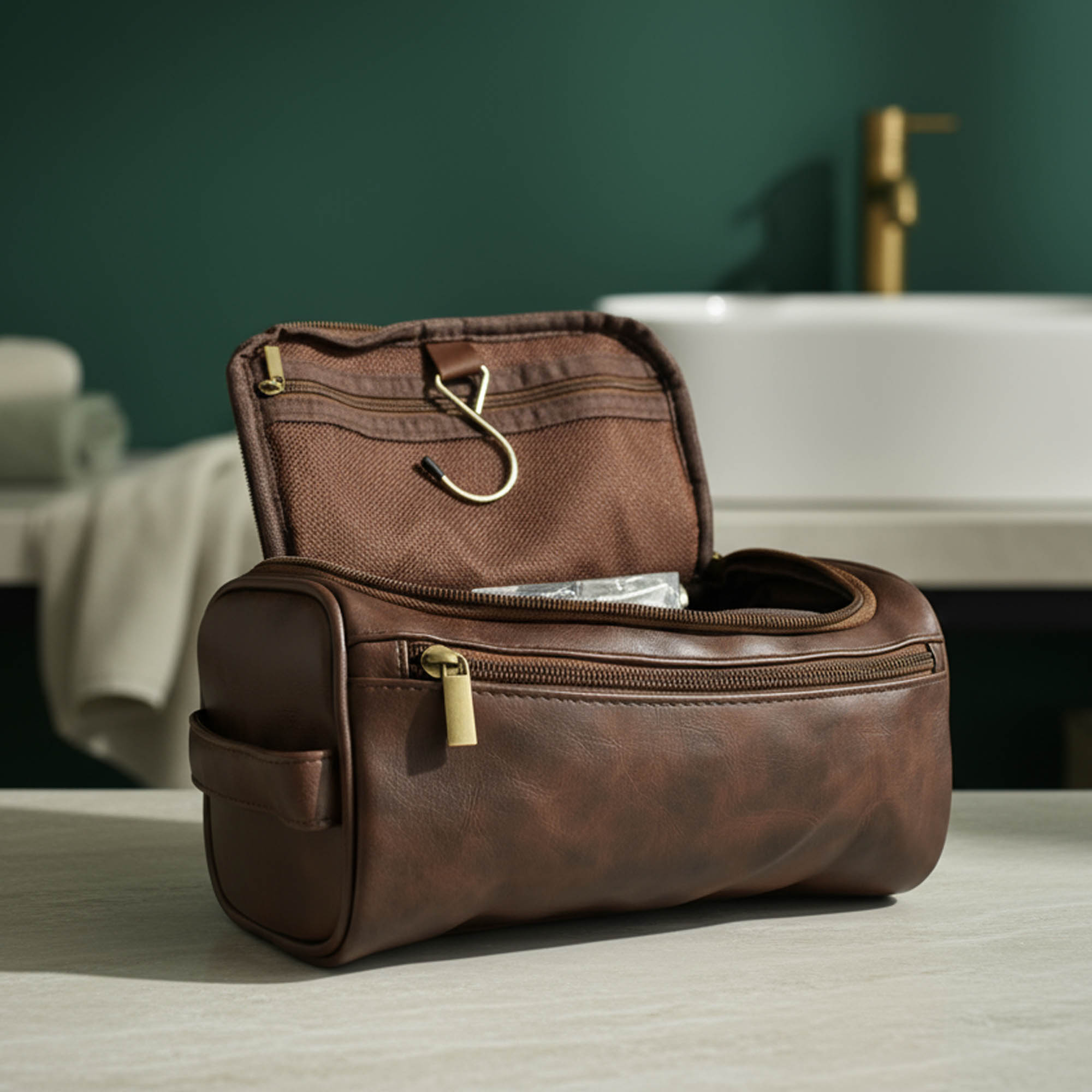 Nahast vannitarvete kott Hugo rohelisel taustal