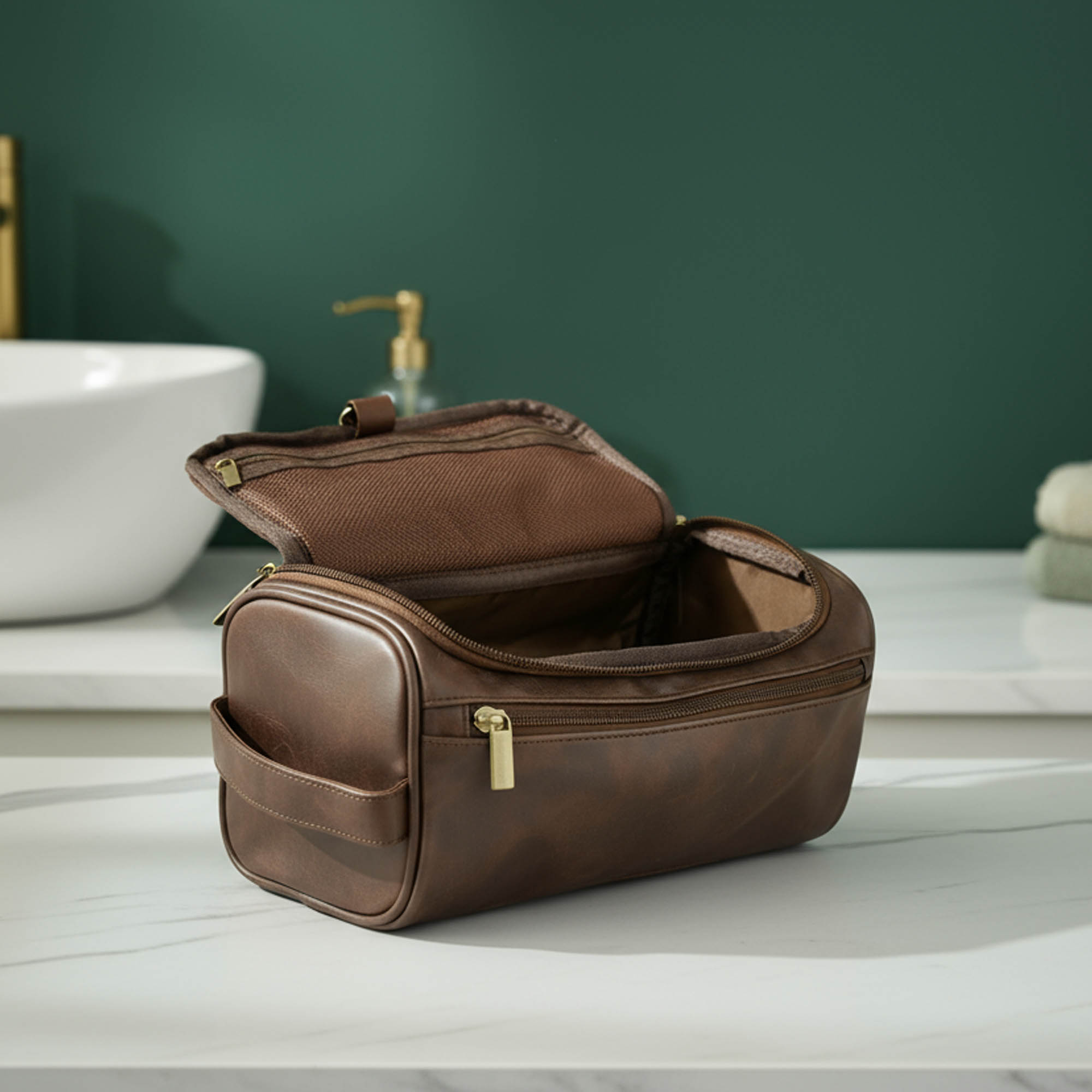 Avatud vannitarvete kott Hugo messingist kraani kõrval